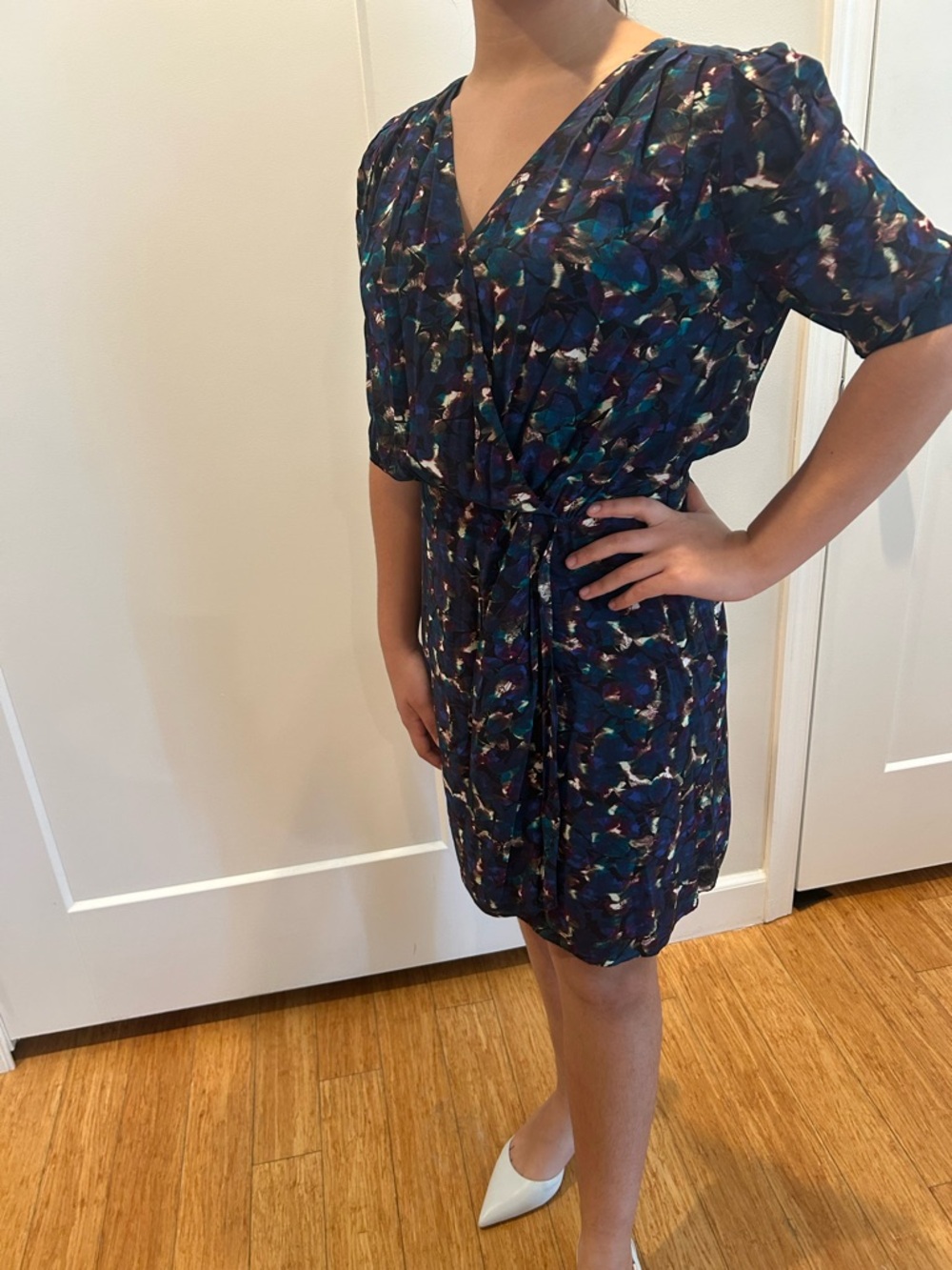 The Kooples Navy Floral Wrap Dress with Teal & Purple Accents